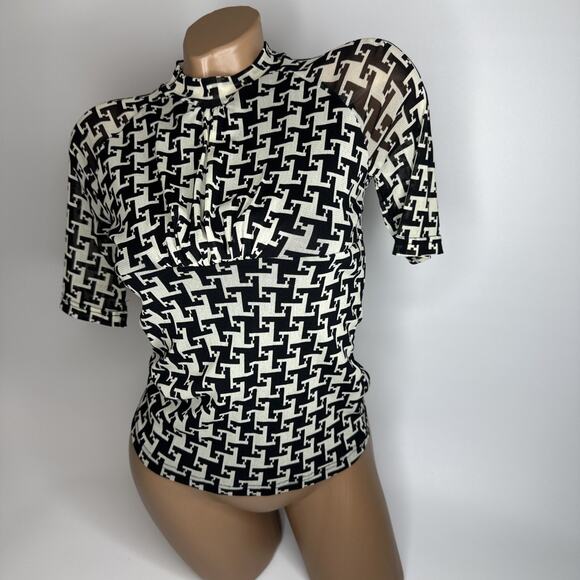 Y2K Geometric Print Ruched Top High Neck Cyber Indie Mod Retro Medium Minimalist - Picture 12 of 12